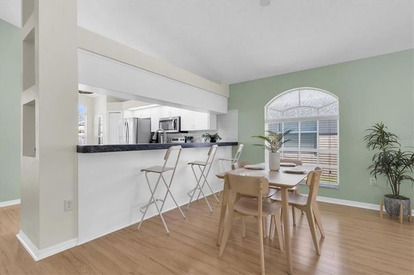 Dining room, Interior, Kitchen, Stainless Steel Appliances, Wood Texture Flooring