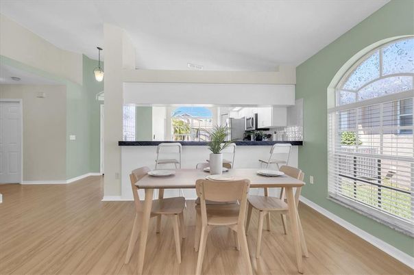 Dining room, Interior, Kitchen, Pendant Lights, Wood Texture Flooring