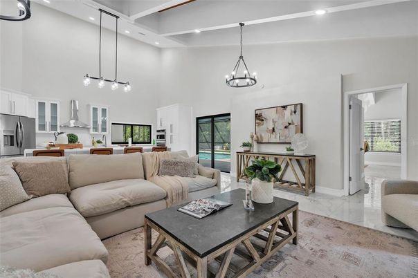 Dining room, Interior, Living room, Marble, Pendant Lights, Recessed Lighting