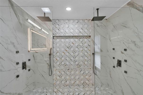 Bathroom, Glass Shower, Interior, Marble Walls, Recessed Lighting