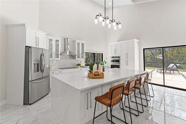 Interior, Kitchen, Marble, Pendant Lights, Recessed Lighting, Stainless Steel Appliances
