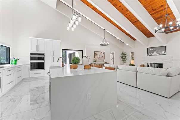 Fireplace, Interior, Kitchen, Living room, Marble, Pendant Lights, Stainless Steel Appliances, Wooden Beams, Wooden Ceilings