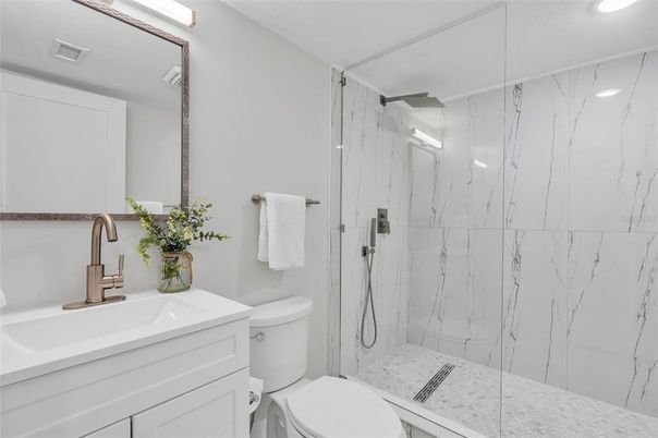 Bathroom, Glass Shower, Interior, Marble Walls, Recessed Lighting