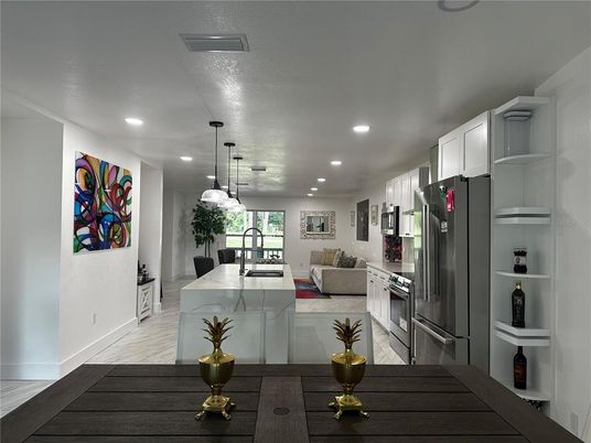 Interior, Kitchen, Living room, Pendant Lights, Recessed Lighting, Stainless Steel Appliances, Wood Texture Flooring