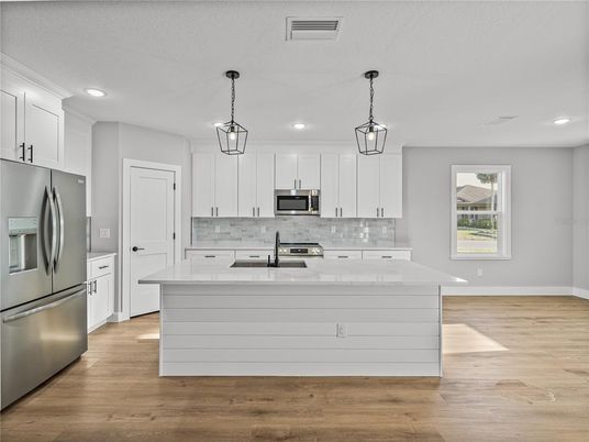 Interior, Kitchen, Pendant Lights, Recessed Lighting, Stainless Steel Appliances, Wood Texture Flooring