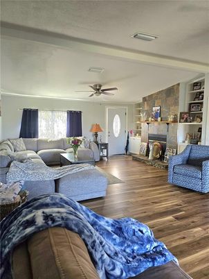 Fireplace, Interior, Living room, Stone Walls, Wood Texture Flooring