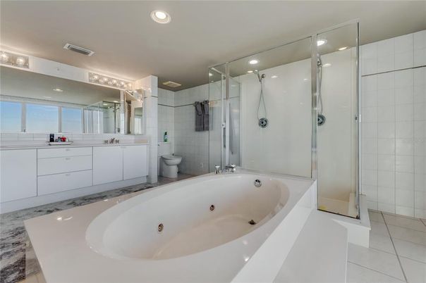 Bathroom, Dual Sink Vanities, Glass Shower, Interior, Recessed Lighting