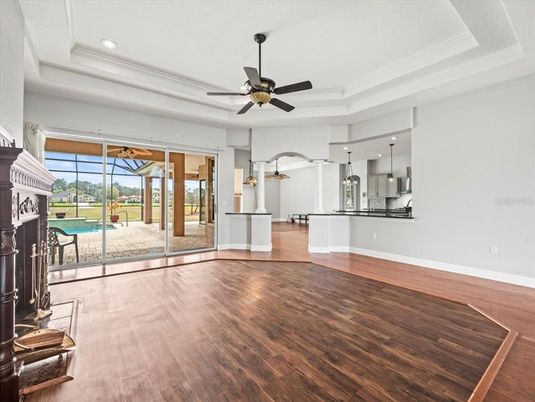 Fireplace, Interior, Recessed Lighting, Wood Texture Flooring