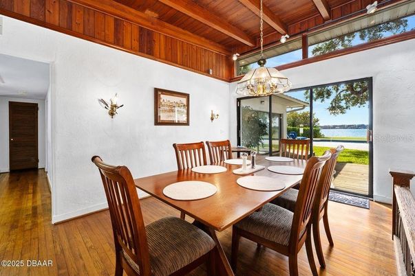 Dining room, Interior, Pendant Lights, Wooden Beams, Wooden Ceilings, Wood Texture Flooring