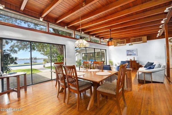 Dining room, Interior, Pendant Lights, Wooden Beams, Wooden Ceilings, Wood Texture Flooring