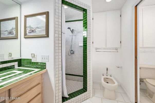 Bathroom, Glass Shower, Interior, Recessed Lighting, Tile Countertops