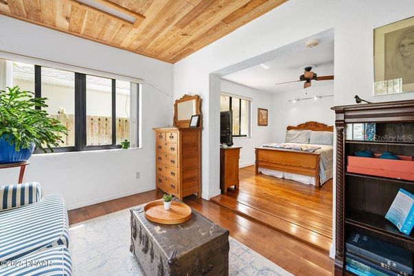 Bedroom, Fireplace, Interior, Wooden Ceilings, Wood Texture Flooring