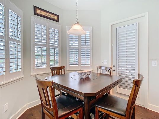 Dining room, Interior, Pendant Lights, Wood Texture Flooring