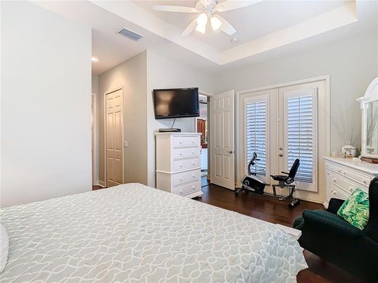 Bedroom, Fireplace, Interior, Recessed Lighting, Wood Texture Flooring