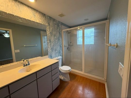 Bathroom, Glass Shower, Interior, Recessed Lighting, Wood Texture Flooring