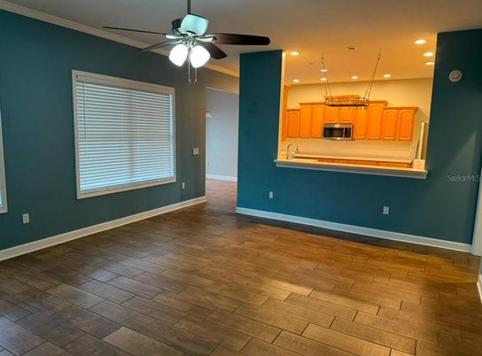 Empty room, Interior, Kitchen, Recessed Lighting, Wood Texture Flooring
