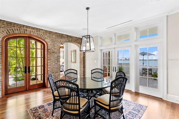 Dining room, Interior, Pendant Lights, Stone Walls, Wood Texture Flooring