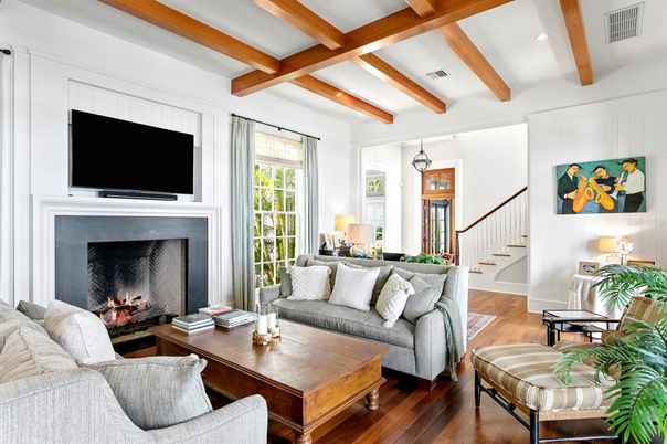 Fireplace, Interior, Living room, Recessed Lighting, Wooden Beams, Wood Texture Flooring