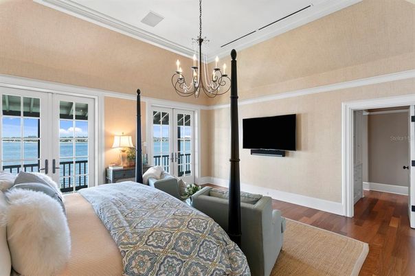 Bedroom, Chandelier, Interior, Water, Wood Texture Flooring