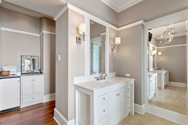 Bathroom, Dual Sink Vanities, Interior, Pendant Lights, Wood Texture Flooring