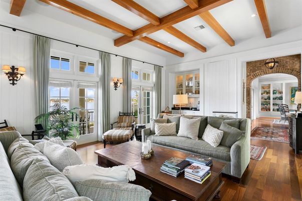 Interior, Living room, Recessed Lighting, Stone Walls, Wooden Beams, Wood Texture Flooring