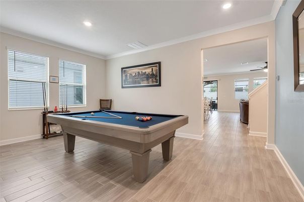 Billiard Table, Game Room, Interior, Recessed Lighting, Wood Texture Flooring