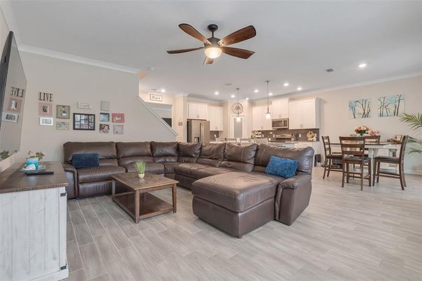 Dining room, Interior, Kitchen, Living room, Pendant Lights, Recessed Lighting, Stainless Steel Appliances, Wood Texture Flooring