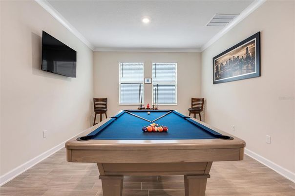 Billiard Table, Game Room, Interior, Recessed Lighting, Wood Texture Flooring
