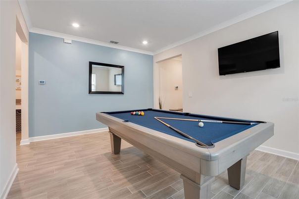 Billiard Table, Game Room, Interior, Recessed Lighting, Wood Texture Flooring