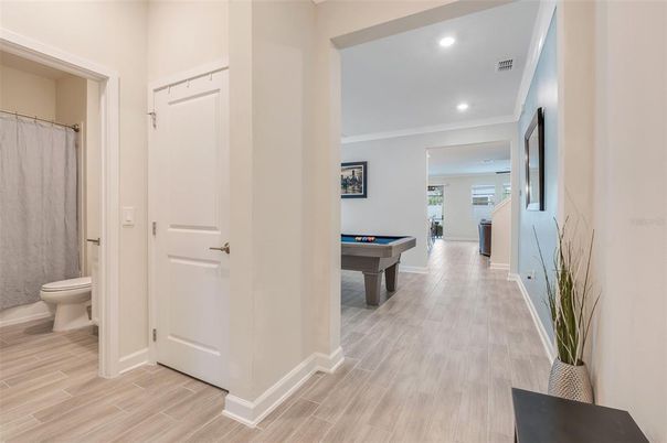 Bathroom, Billiard Table, Game Room, Interior, Recessed Lighting, Wood Texture Flooring