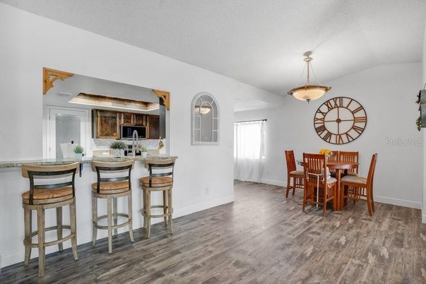 Dining room, Interior, Pendant Lights, Wood Texture Flooring