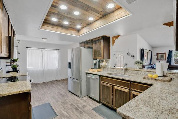 Interior, Kitchen, Recessed Lighting, Stainless Steel Appliances, Wooden Ceilings, Wood Texture Flooring