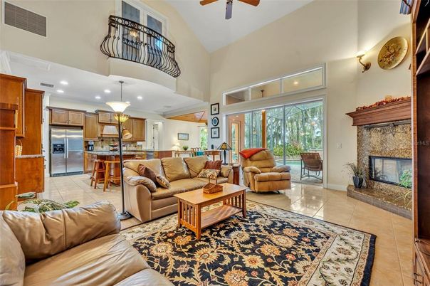 Fireplace, Interior, Kitchen, Living room, Pendant Lights, Recessed Lighting, Stainless Steel Appliances