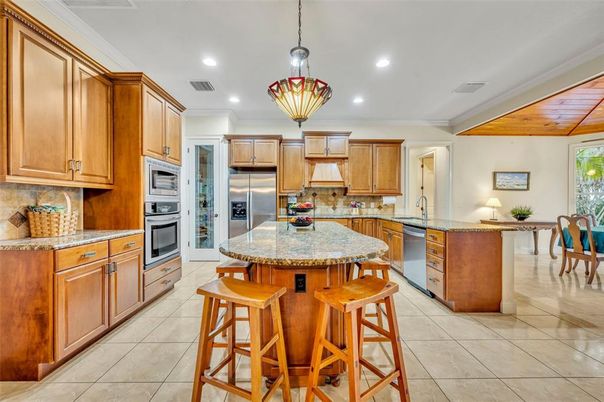 Interior, Kitchen, Pendant Lights, Recessed Lighting, Stainless Steel Appliances, Wooden Ceilings