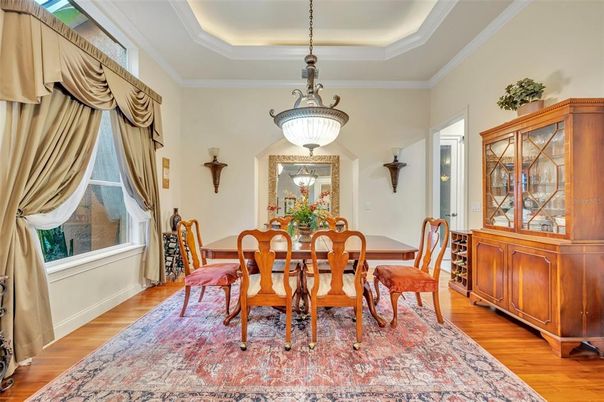 Dining room, Interior, Pendant Lights, Wood Texture Flooring