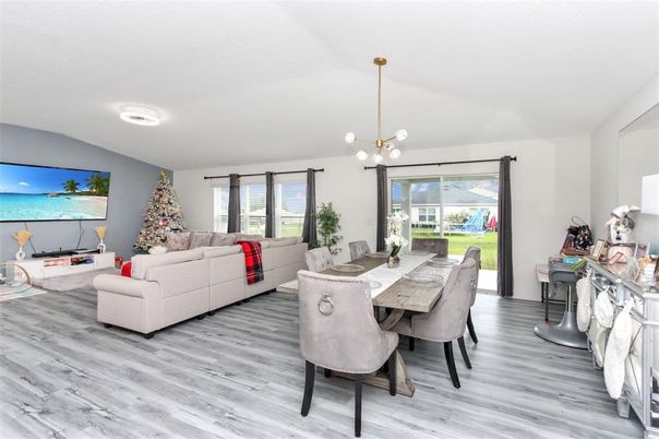 Dining room, Interior, Living room, Pendant Lights, Wood Texture Flooring