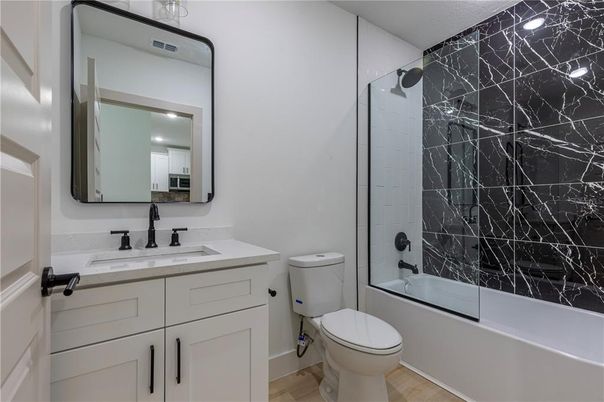 Bathroom, Interior, Marble Walls, Recessed Lighting, Wood Texture Flooring