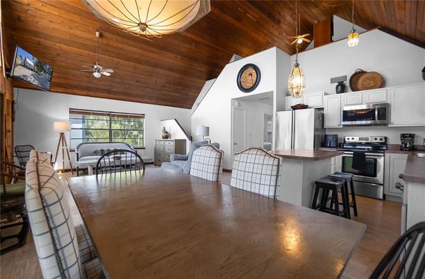 Dining room, Interior, Kitchen, Pendant Lights, Stainless Steel Appliances, Wooden Ceilings, Wood Texture Flooring