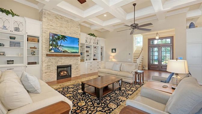 Fireplace, Interior, Living room, Recessed Lighting, Stone Walls, Wood Texture Flooring