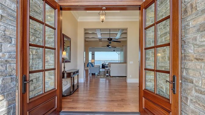 Dining room, Interior, Pendant Lights, Stone Walls, Wood Texture Flooring