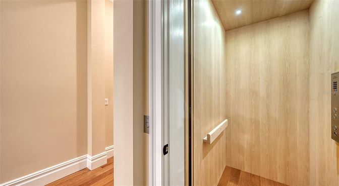 Elevator, Interior, Recessed Lighting, Wooden Ceilings, Wood Texture Flooring, Wooden Walls