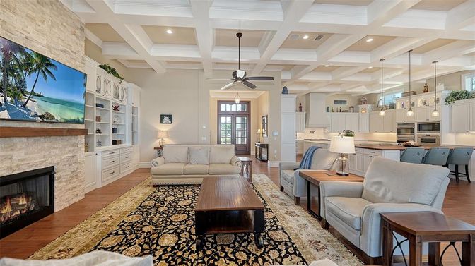 Fireplace, Interior, Kitchen, Living room, Pendant Lights, Recessed Lighting, Wood Texture Flooring