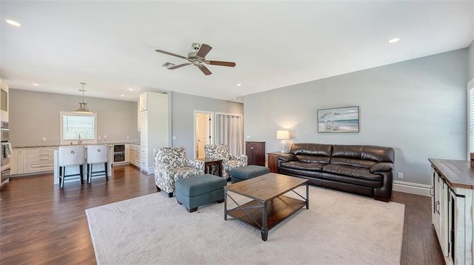 Interior, Kitchen, Living room, Pendant Lights, Recessed Lighting, Wood Texture Flooring