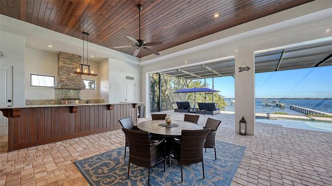 Dining room, Interior, Pendant Lights, Recessed Lighting, Water, Wooden Ceilings