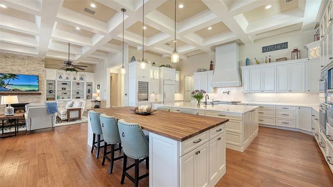 Interior, Kitchen, Living room, Pendant Lights, Recessed Lighting, Stone Walls, Wood Texture Flooring