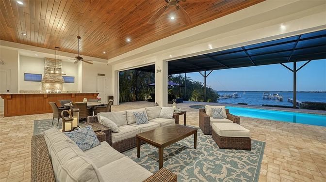 Dining room, Interior, Living room, Pendant Lights, Recessed Lighting, Water, Wooden Ceilings