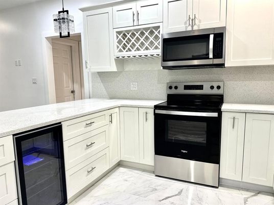Interior, Kitchen, Marble, Pendant Lights, Stainless Steel Appliances