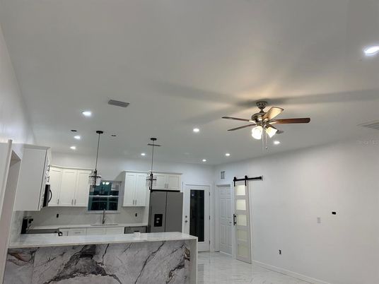 Interior, Kitchen, Marble, Pendant Lights, Recessed Lighting