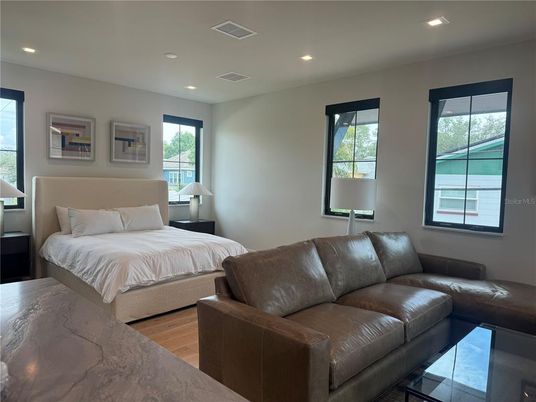 Bedroom, Interior, Recessed Lighting, Wood Texture Flooring