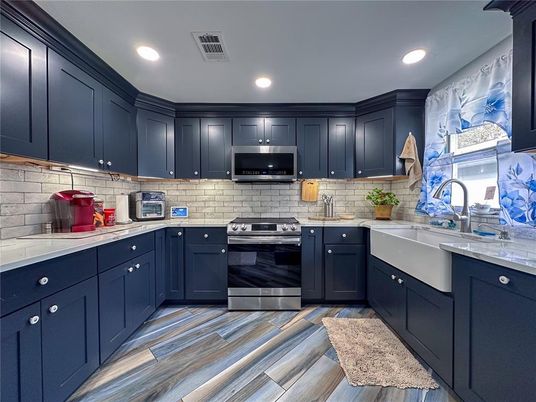 Interior, Kitchen, Recessed Lighting, Stainless Steel Appliances, Wood Texture Flooring